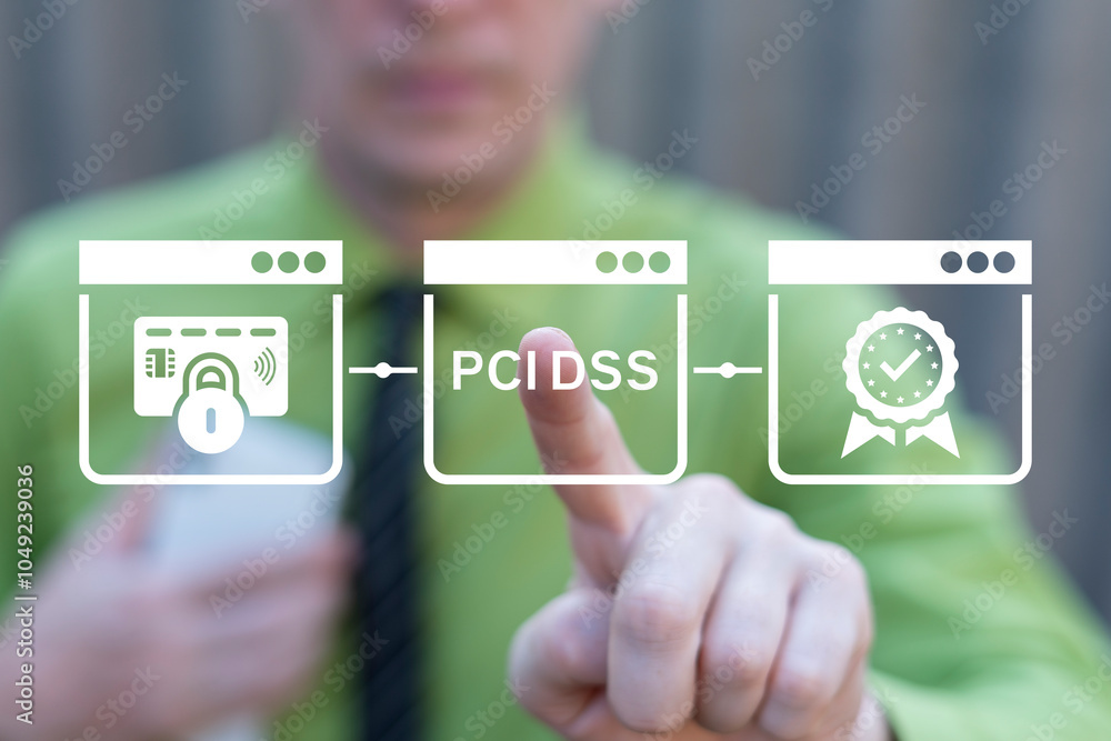 Poster business man using virtual touch screen presses inscription: pci dss. pci dss - payment card industr