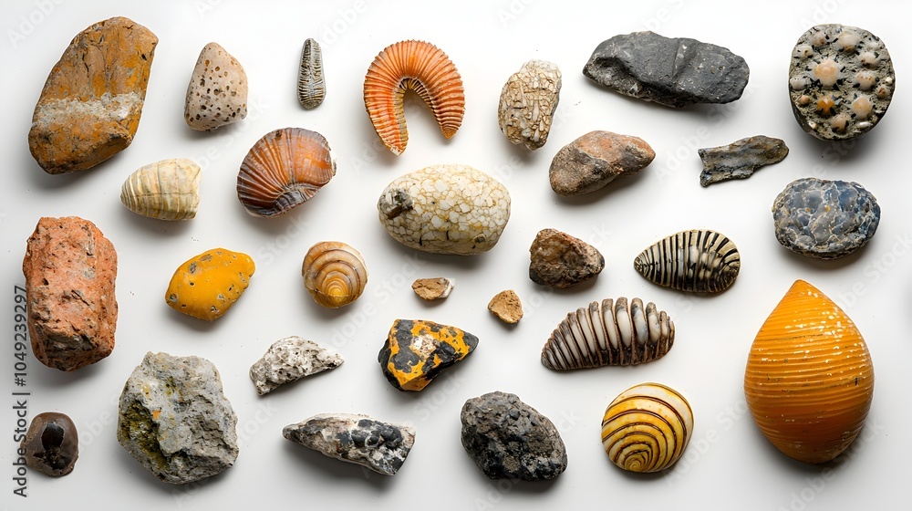 Aufkleber Meticulously Arranged Display of Diverse Brachiopod Fossils Highlighting the Intricate Natural Textures and Patterns of These Ancient Marine Invertebrate Specimens