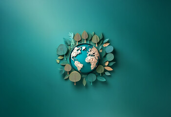 Fototapeta premium A paper globe surrounded by trees, leaves, and branches against a light green background.