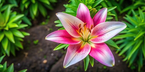 Aerial view of pink and white lilies in a summer garden