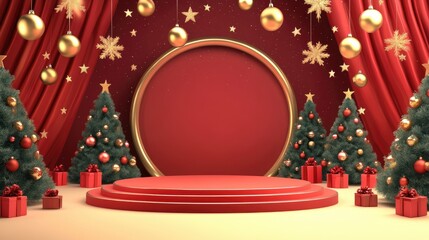 Festive Christmas Display with Red Platform and Ornament Decorations