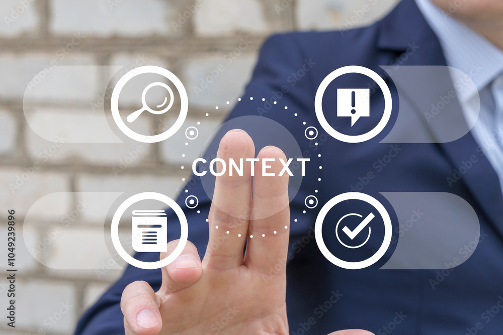 Aufkleber man using virtual touch screen presses word: context. context business education concept. context an