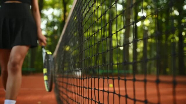 A girl on a tennis court walks along the net. An athlete in the fresh air in the park. A tennis player in training with an African-American appearance. 