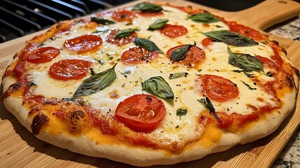 Mouth watering Margherita pizza with a perfectly crispy crust gooey melted mozzarella cheese and fragrant fresh basil leaves presented on a rustic wooden peel