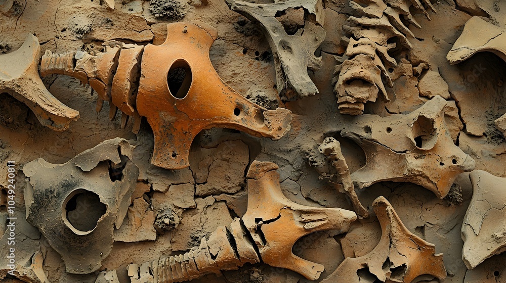 Aufkleber Neatly Arranged Fossilized Shark Vertebrae in a Precise Sequential Display Showcasing the Beauty and Insights of Natural History Paleontology and Scientific