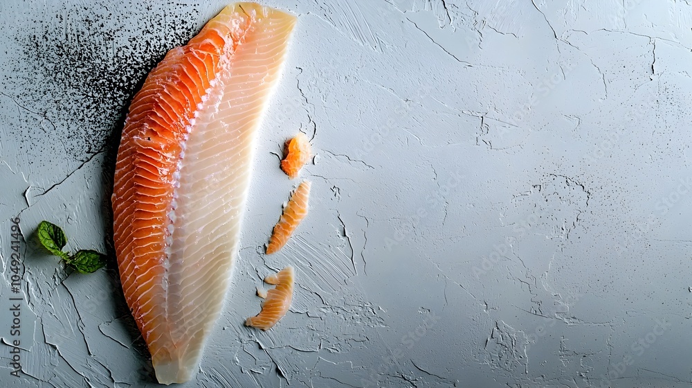 Poster neatly placed boneless trout fillet on a plain white backdrop showcasing the raw uncooked seafood in