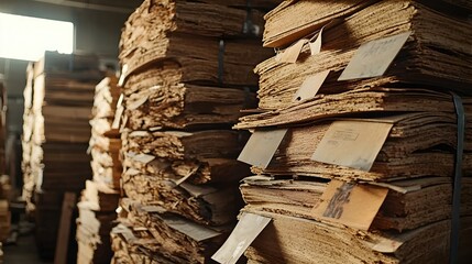 Neatly organized and stacked sheets of plywood in a large industrial lumber warehouse interior  The wooden panels are arranged in a structured and orderly fashion