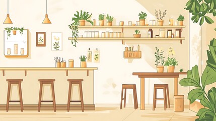 Obraz premium A hand-drawn style scene of a cozy kitchen, with shelves, potted plants, and rustic furniture, created with soft lines and warm color tones for a welcoming feel 