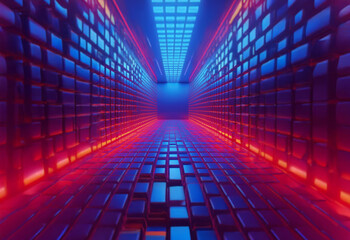 A futuristic, neon-lit corridor with blue and red lights, creating a sense of depth and perspective.