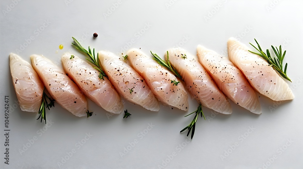 Poster Perfectly Arranged Butterfish Fillets Forming a Symmetrical and Visually Appealing Pattern Showcasing the Delicate Texture and Fresh Flavor of this Gourmet Seafood Dish