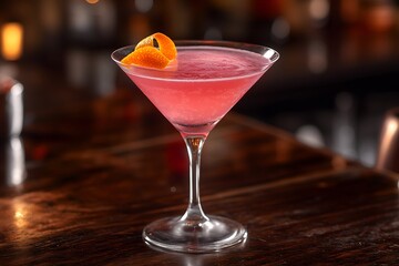  pink cocktail garnished with orange peel on a wooden bar during evening hours