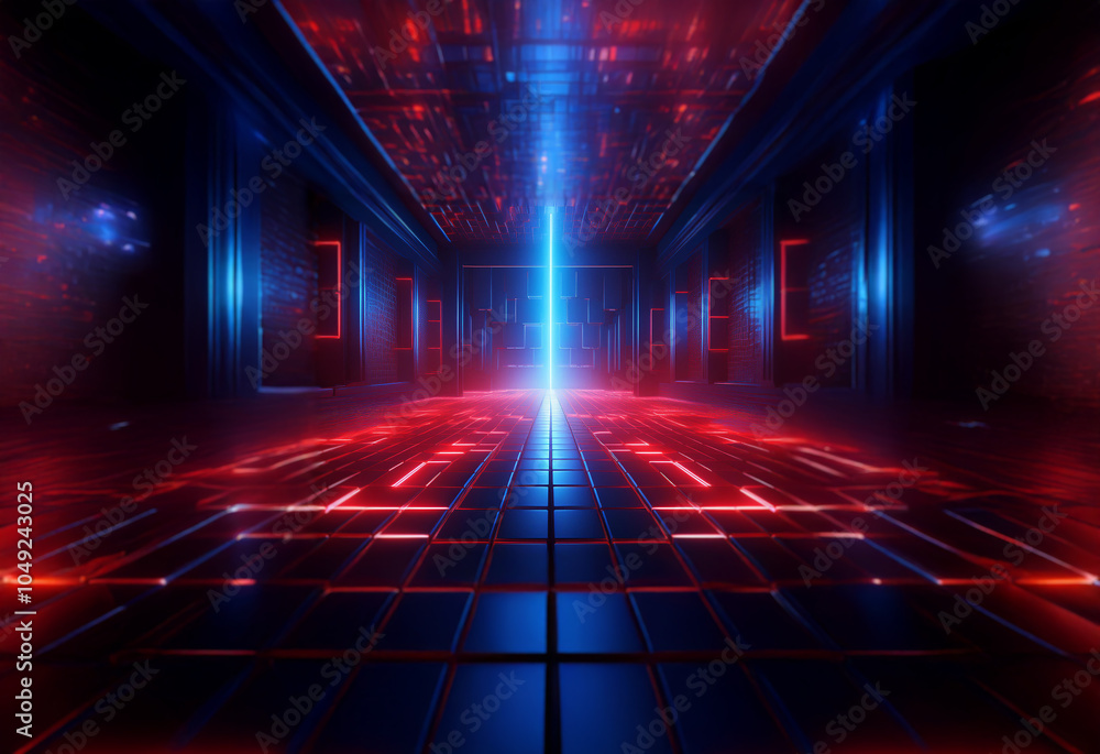 Wall mural a futuristic hallway bathed in red and blue light, with a bright beam of light illuminating the cent