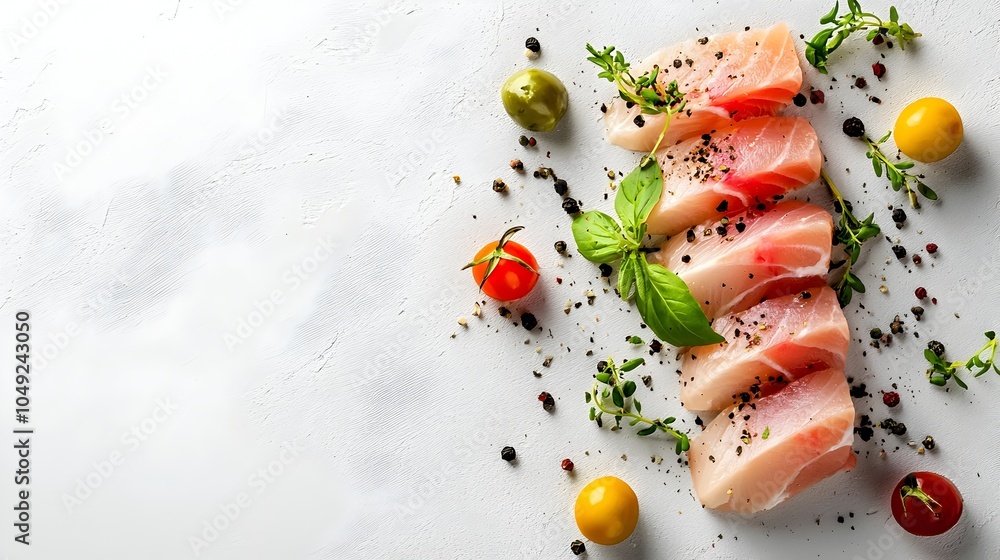 Poster pieces of fresh and delicious kingfish fillet arranged in a staggered row on a white plate creating 