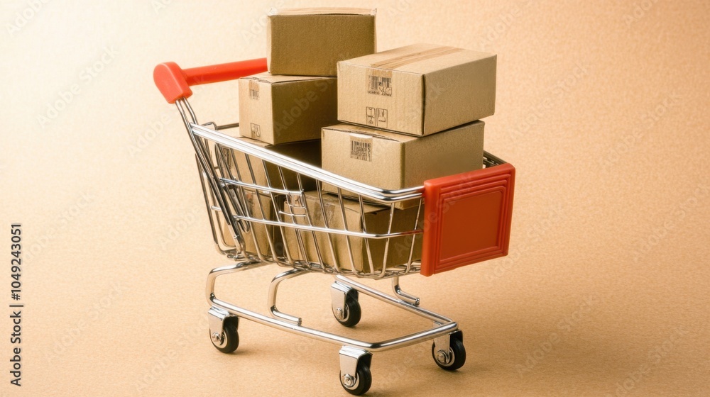 Poster a small shopping cart filled with neatly stacked cardboard boxes on a light background