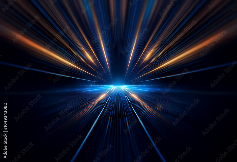 Poster abstract image of a blue and orange light emanating from a central point, suggesting speed and movem