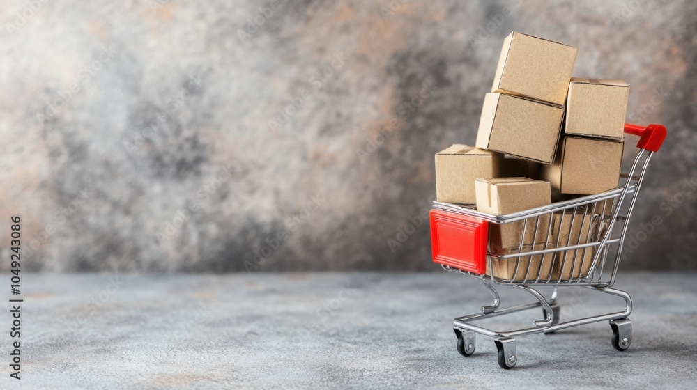 Poster a small shopping cart filled with neatly stacked cardboard boxes on a light background