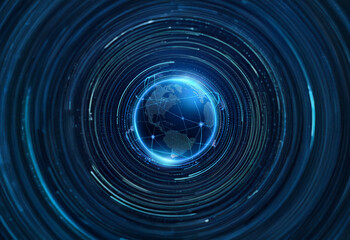 Obraz premium A glowing blue globe surrounded by concentric circles of light and data, representing the interconnectedness of the world.