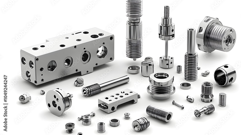 Poster Precisely Machined Aluminum Parts Being Produced by Advanced CNC Computer Numerical Control Machine in a Modern Industrial Manufacturing Workshop