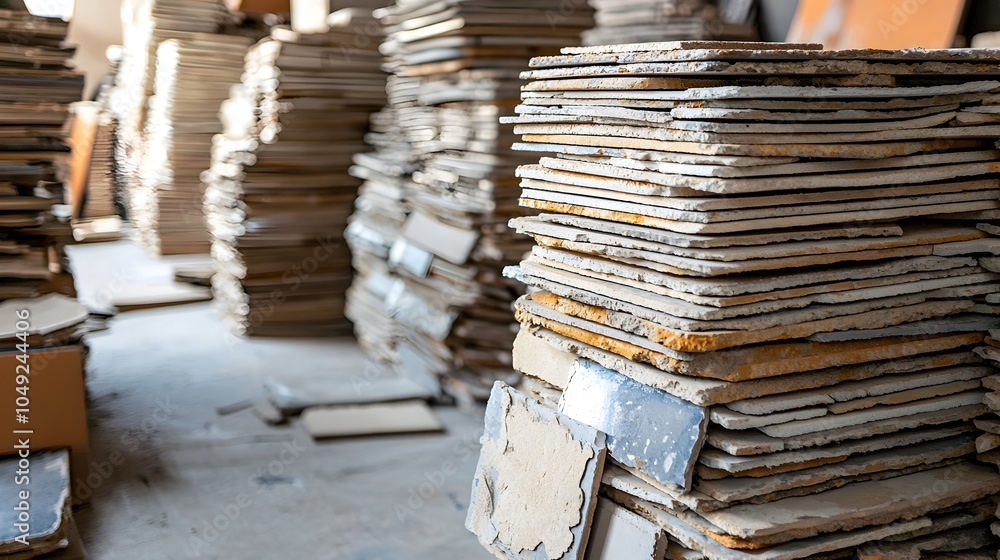 Poster Precisely stacked piles of freshly made ceramic tiles drying in a temperature controlled industrial room ready for use in construction interior design and architectural projects
