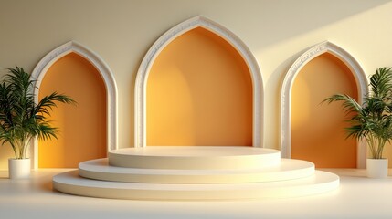 Fototapeta premium Three White Arches With a Three-Tiered White Circular Podium