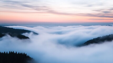 Dreamy Misty Forest Hills at Sunset with Soft Pastel Skies Above : Generative AI