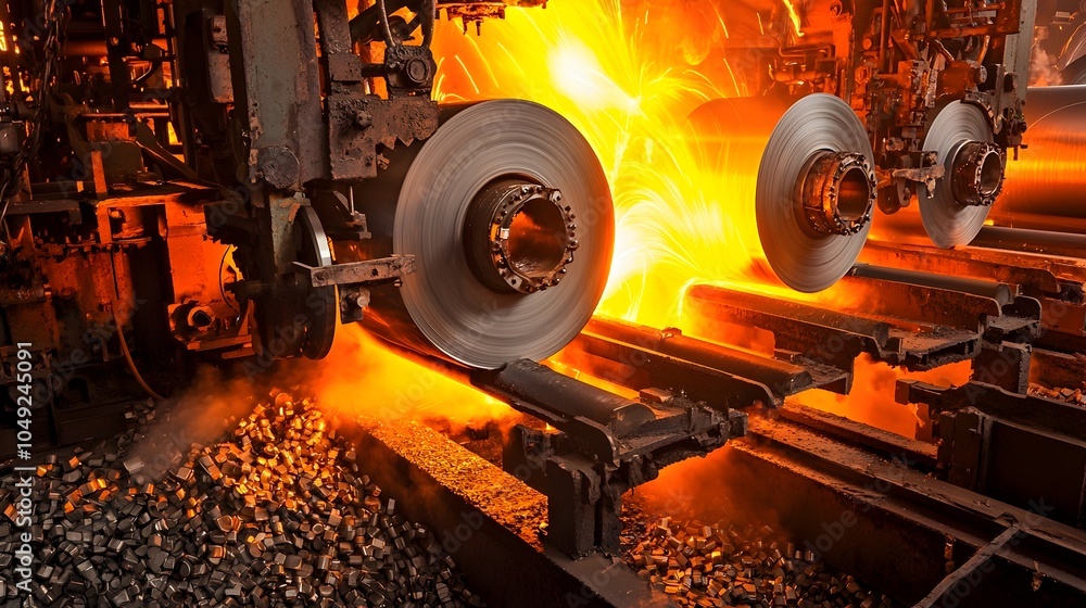 Aufkleber Precision rolled metal sheets in a sleek metallic finish emerging from industrial rollers in a modern minimalist manufacturing process