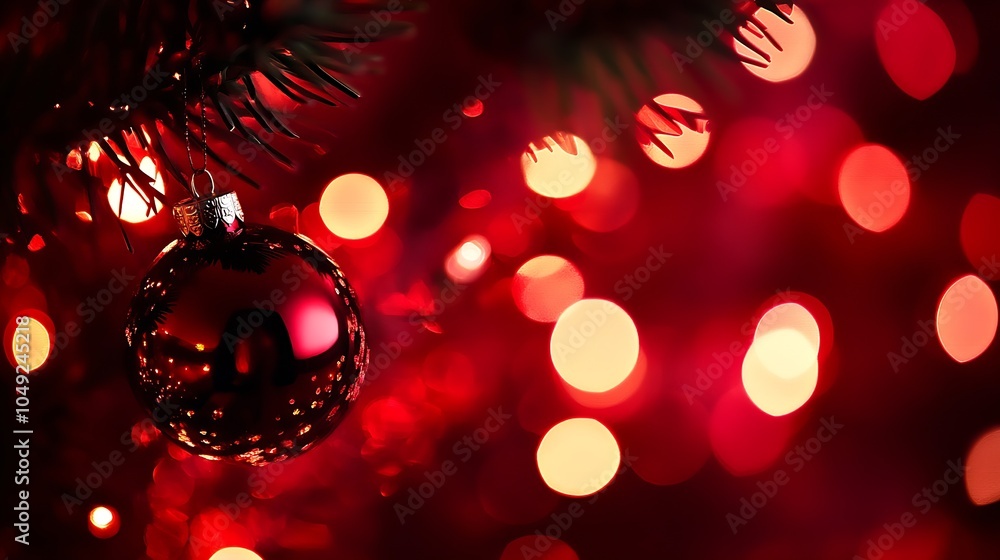 Aufkleber Vivid Christmas Bauble Hanging from Tree with Bright Red Bokeh Sparkle Lights for Holiday Joy : Generative AI