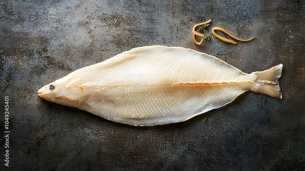 Poster pristine white fillet of sole isolated on a plain and minimalist background highlighting the delicat