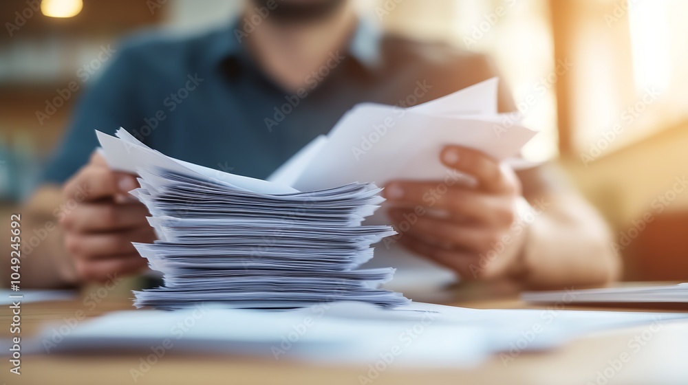 Poster focused view of professional working on paperwork documents in an office environment : generative ai