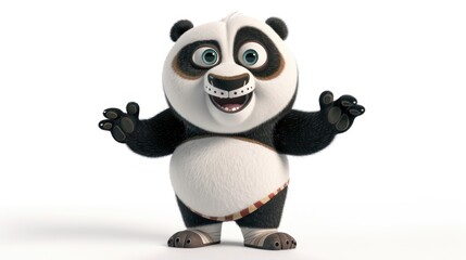 A cheerful cartoon panda with black and white fur, wearing a red and brown belt, standing on a white background with its arms outstretched