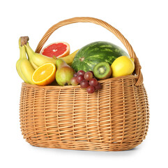 Many different fresh fruits in wicker basket isolated on white