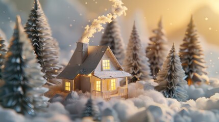 A Miniature Paper House with Smoke Rising from Its Chimney in a Snowy Forest