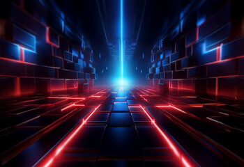 Obraz premium A futuristic, abstract hallway with red and blue neon lights.