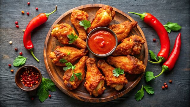 Delicious chicken drumsticks and crispy wings with chili sauce and creamy Panoramic