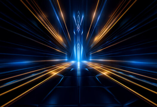 A dark abstract background with blue and gold light streaks creating a futuristic and symmetrical tunnel effect.
