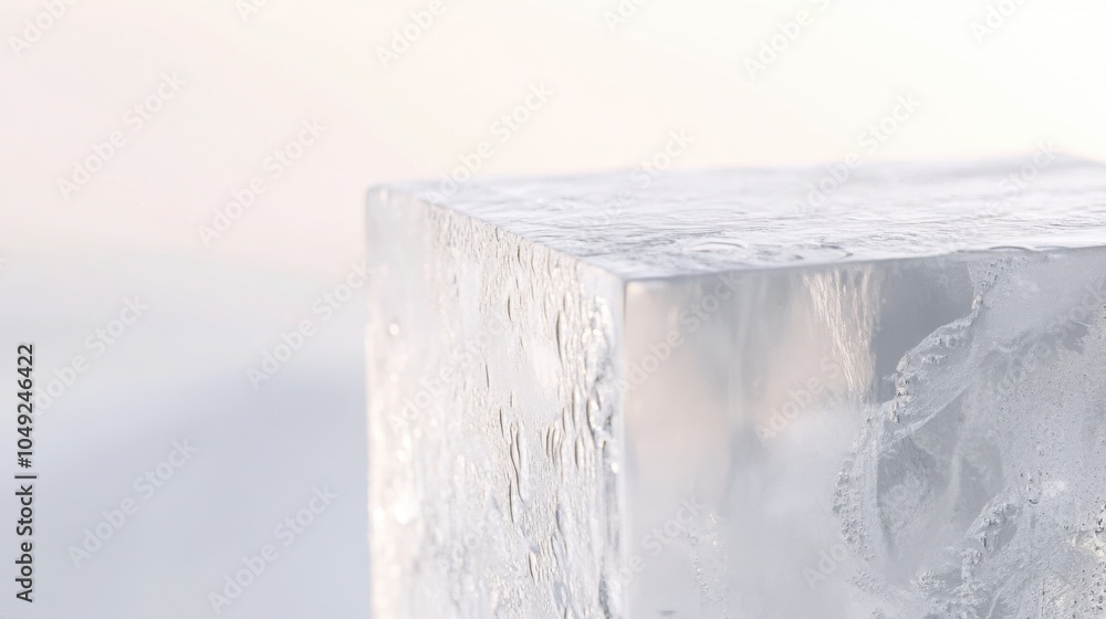 Poster transparent ice cube with visible bubbles, against a soft white background, emphasizing its purity