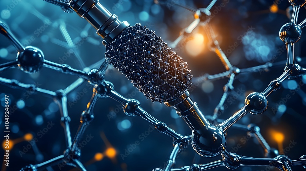 Poster researchers examining graphene under microscope in laboratory environment conducting scientific rese