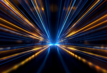 Abstract background with glowing blue and orange streaks of light radiating outwards from a central point.