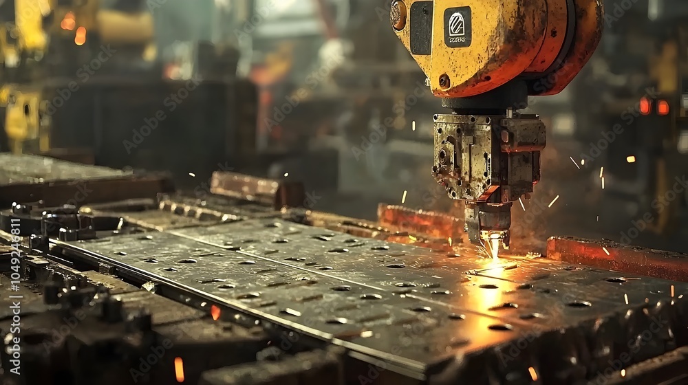 Poster robotic arm placing metal sheets onto an automated production line in an industrial factory setting