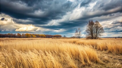 Dry withered grass in water in late autumn landscape, cloudy weather