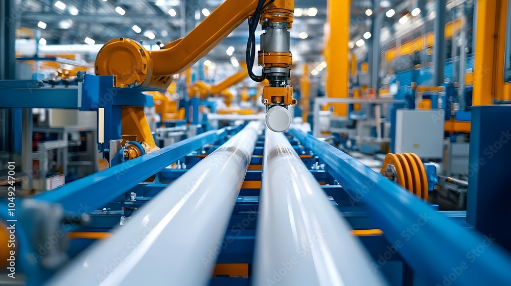 Poster robotic arm carefully handling and transporting pvc pipes along the conveyor belt in an automated in