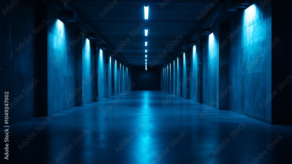 Poster mysterious underground tunnel with blue ambient lighting in urban setting at night : generative ai