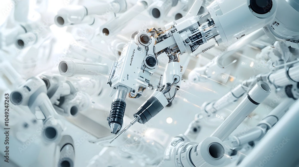 Poster robotic arm skillfully handling and maneuvering pvc pipes within a high tech industrial production f