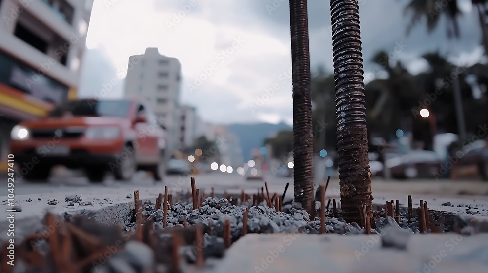 Poster closeup of construction rebar and roadwork in progress amidst urban cityscape : generative ai