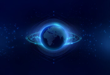 Obraz premium A glowing blue orb representing planet Earth, surrounded by concentric rings, on a dark blue background with a faint white star pattern.