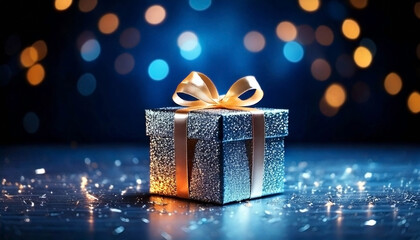 Christmas gift box with bow on blue background