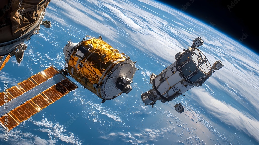 Poster robotic arms mounted on a spacecraft gently maneuvering and collecting old satellite components and 