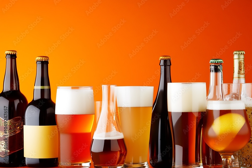 Poster Assortment of Beers with Foam in Bottles and Glasses on an Orange Background : Generative AI