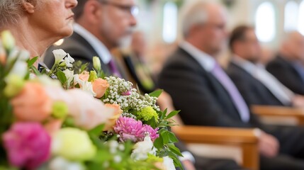 Elegant Funeral Ceremony Flower Arrangement with Attendees in Background : Generative AI