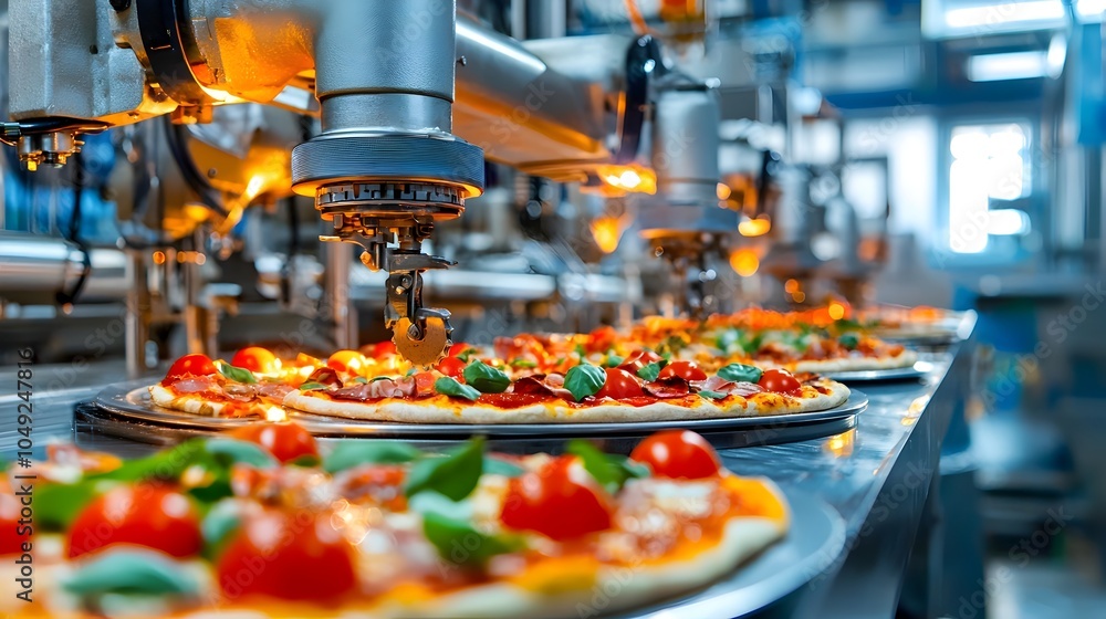 Poster robotic arms precisely placing toppings on pizza dough in an automated high tech production line wit